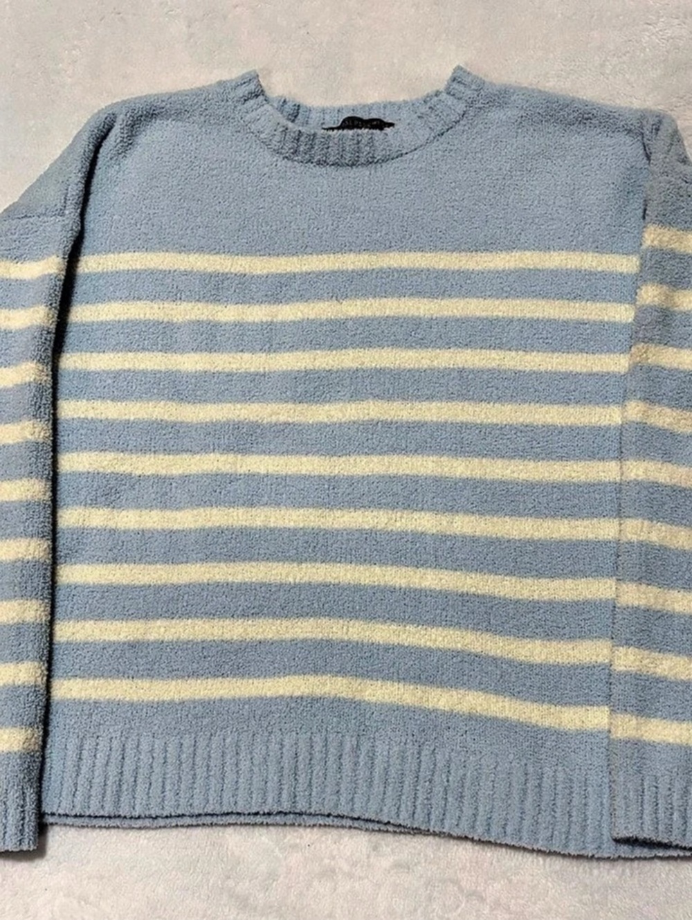 Central Park West NY Blue White Striped Fuzzy Plush Knit Crewneck Sweater XS45